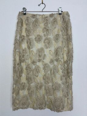 Anewsta Gold & Beige Applique Floral Lace w/ Metallic Mesh Skirt